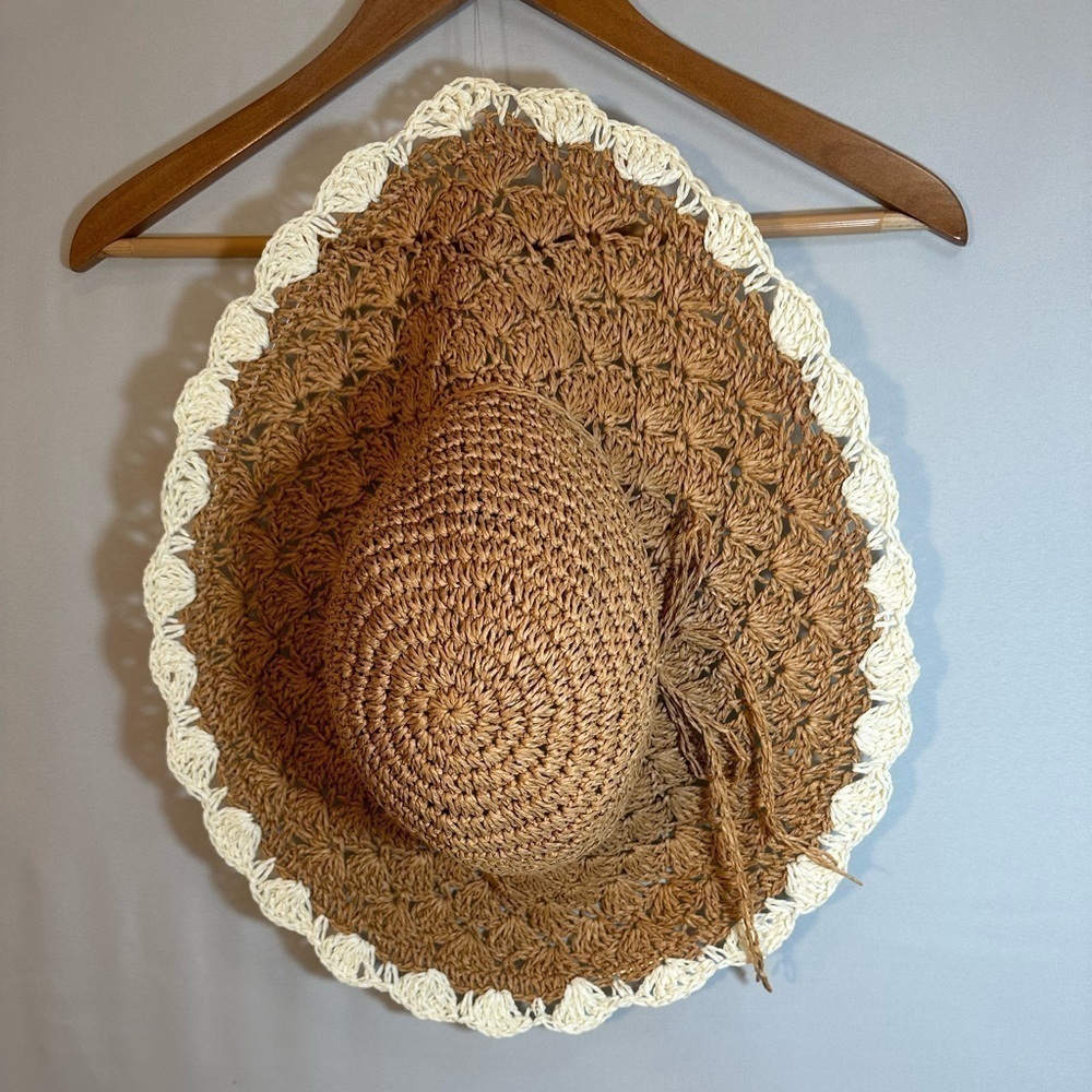 Womens Straw Summer Beach Sun Big Brim Floppy Foldable Hat Tie Bow Gardening NWT - Picture 4 of 7